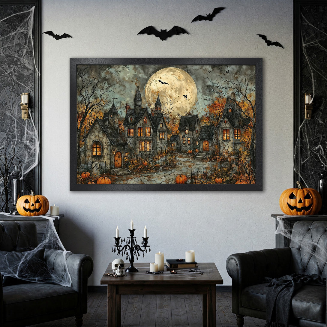 Framed Poster featuring a spooky Halloween village scene with warm autumn colors. Perfect for adding a touch of gothic charm to your decor.