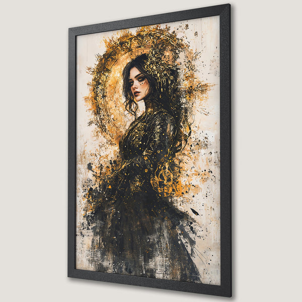 Framed Poster featuring a woman in an abstract style with a gold and black color palette. Perfect wall art for any room!