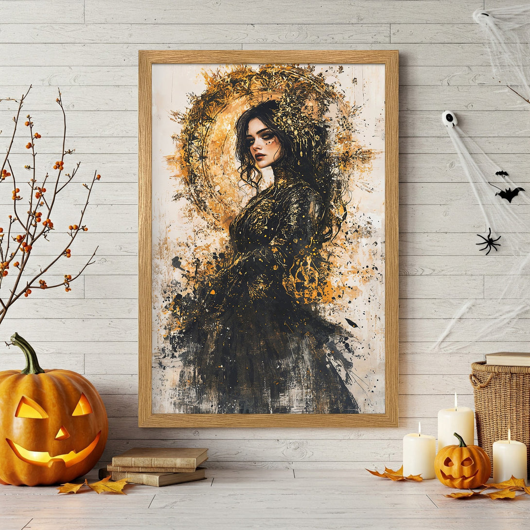 Framed Poster featuring a woman in a dark dress, abstract style, with a gold and black color palette. Perfect for Halloween decor!