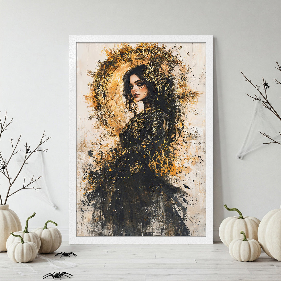 Framed Poster featuring a woman in a black and gold abstract style. Perfect wall art for a gothic or Halloween aesthetic.