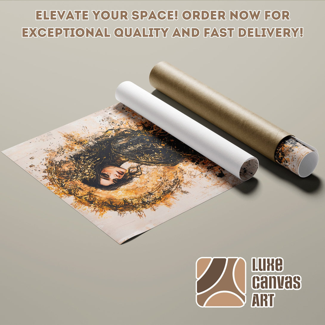 Poster Roll featuring a woman in a gold and black artistic style. Warm neutral color palette. Order your art today!