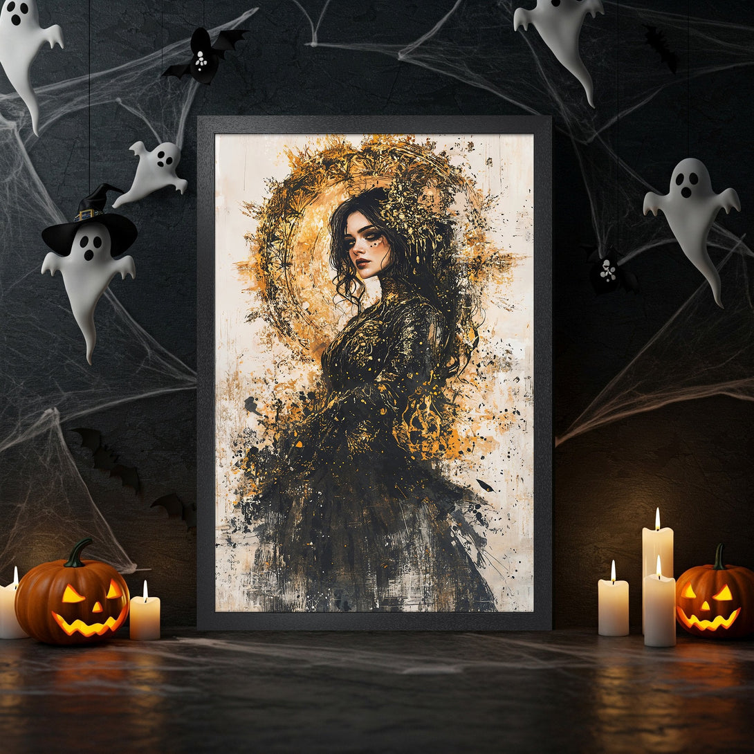 Framed Poster featuring a gothic woman in black and gold, abstract style, perfect Halloween decor.