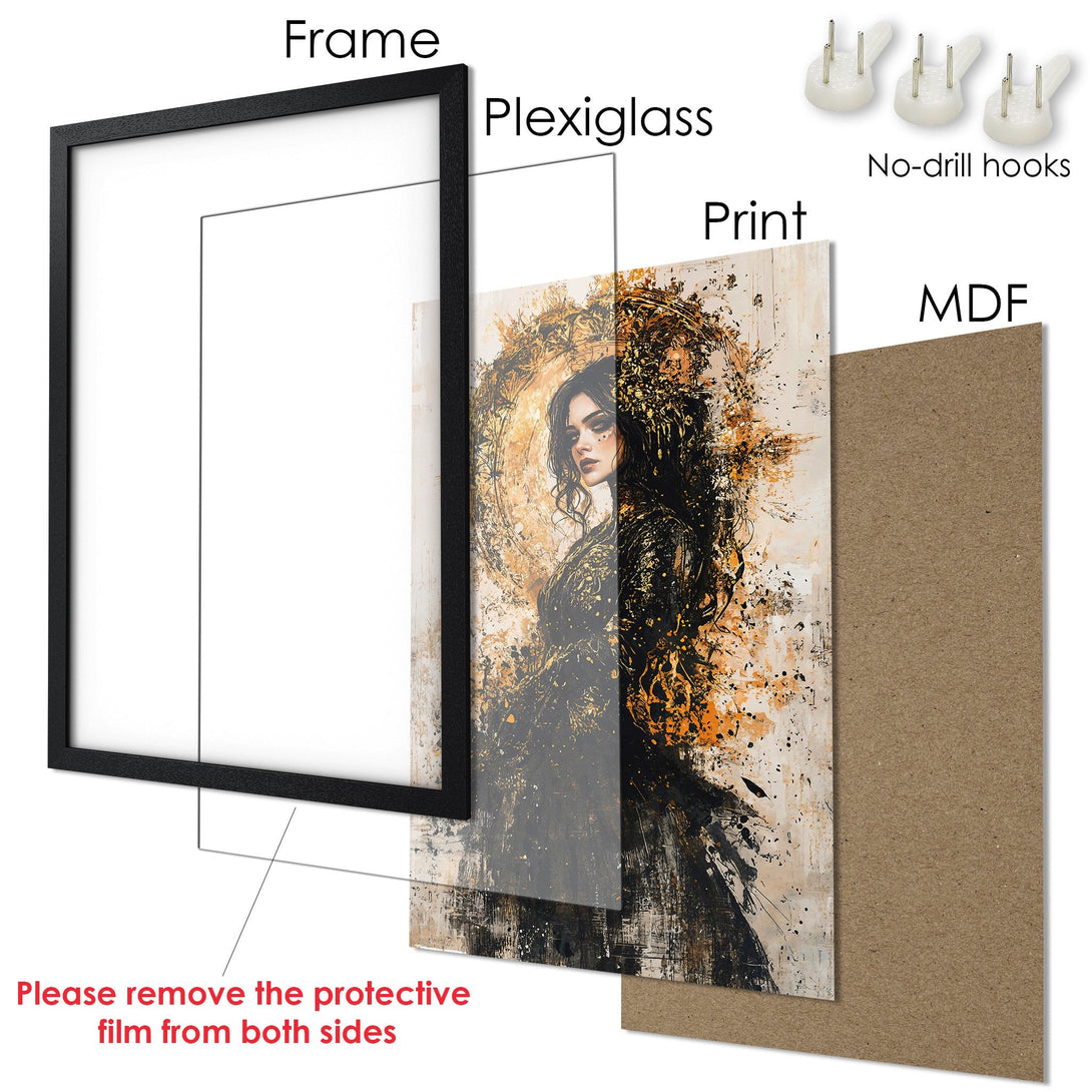 Framed Poster featuring a woman in a gold and black abstract style, with a neutral color palette. Ready to hang with included no-drill hooks.