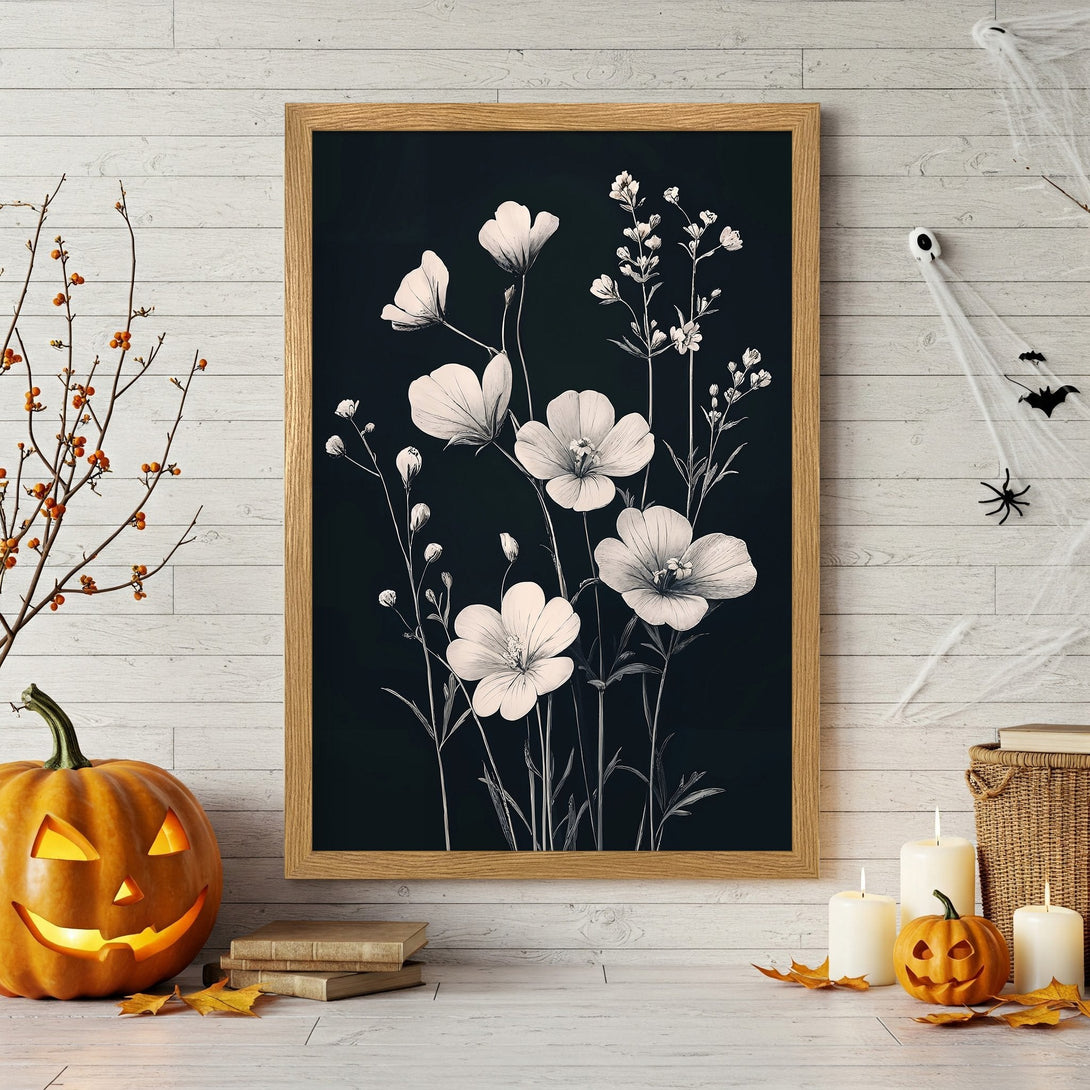 Framed Poster featuring elegant floral art in black and white, perfect for adding a touch of sophistication to your home decor.