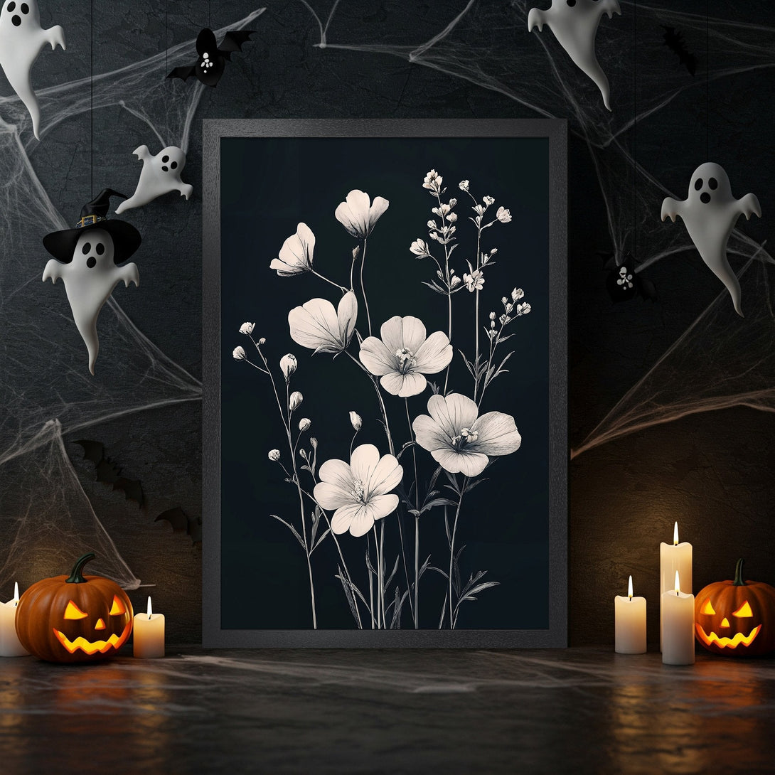 Framed Poster featuring floral art in black and white, perfect for Halloween decor. Stylish and spooky.
