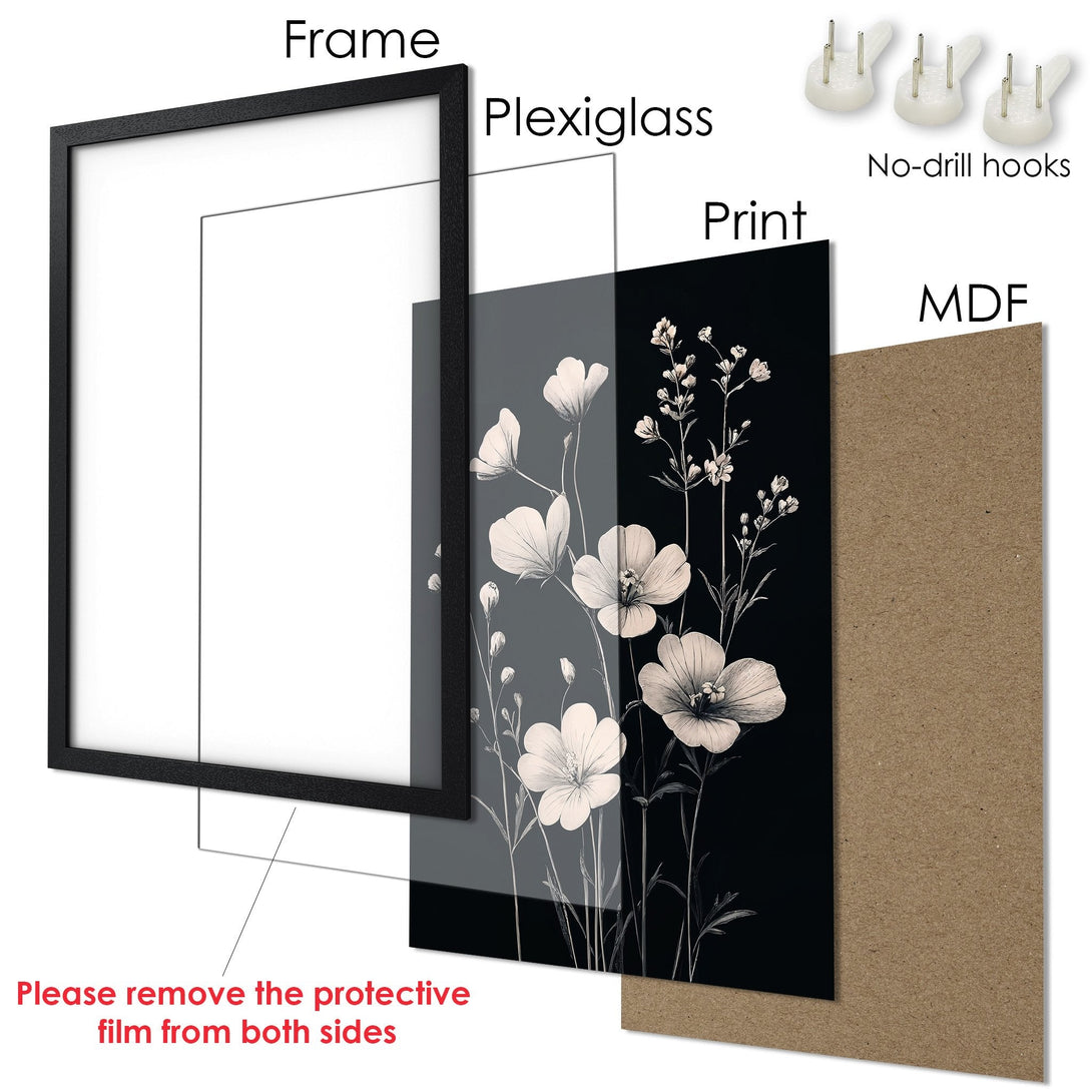 Framed Poster featuring elegant floral art in a monochrome palette. Perfect wall decor for a touch of nature & sophistication.