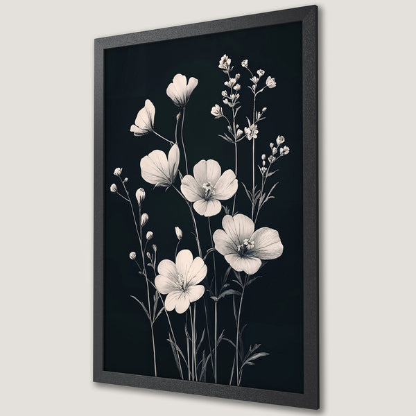 Framed Poster featuring elegant floral art in grayscale, perfect for adding a touch of nature-inspired decor to your space.