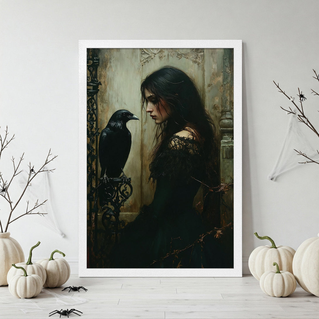 Framed Poster featuring a gothic woman and raven, dark color palette, perfect for Halloween decor.
