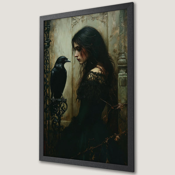 Framed Poster of a gothic woman and raven. Dark, dramatic art with a muted color palette. Perfect for adding a touch of mystery to your space.