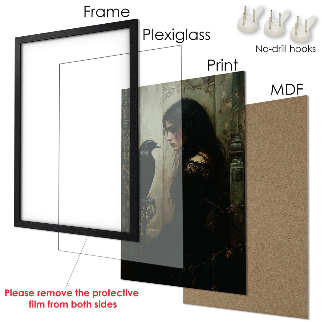 Framed Poster featuring a woman and raven in a dark, gothic style. Moody color palette with blacks, browns, and muted greens.
