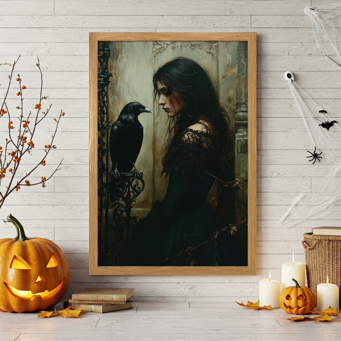 Framed Poster featuring a gothic woman and raven, dark aesthetic with a moody color palette. Perfect Halloween decor!