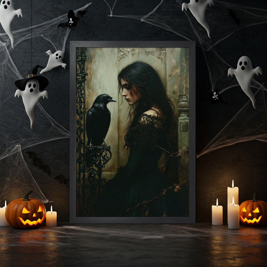 Framed Poster of gothic woman with raven in dark style, Halloween decor, moody color palette. Perfect for spooky season!