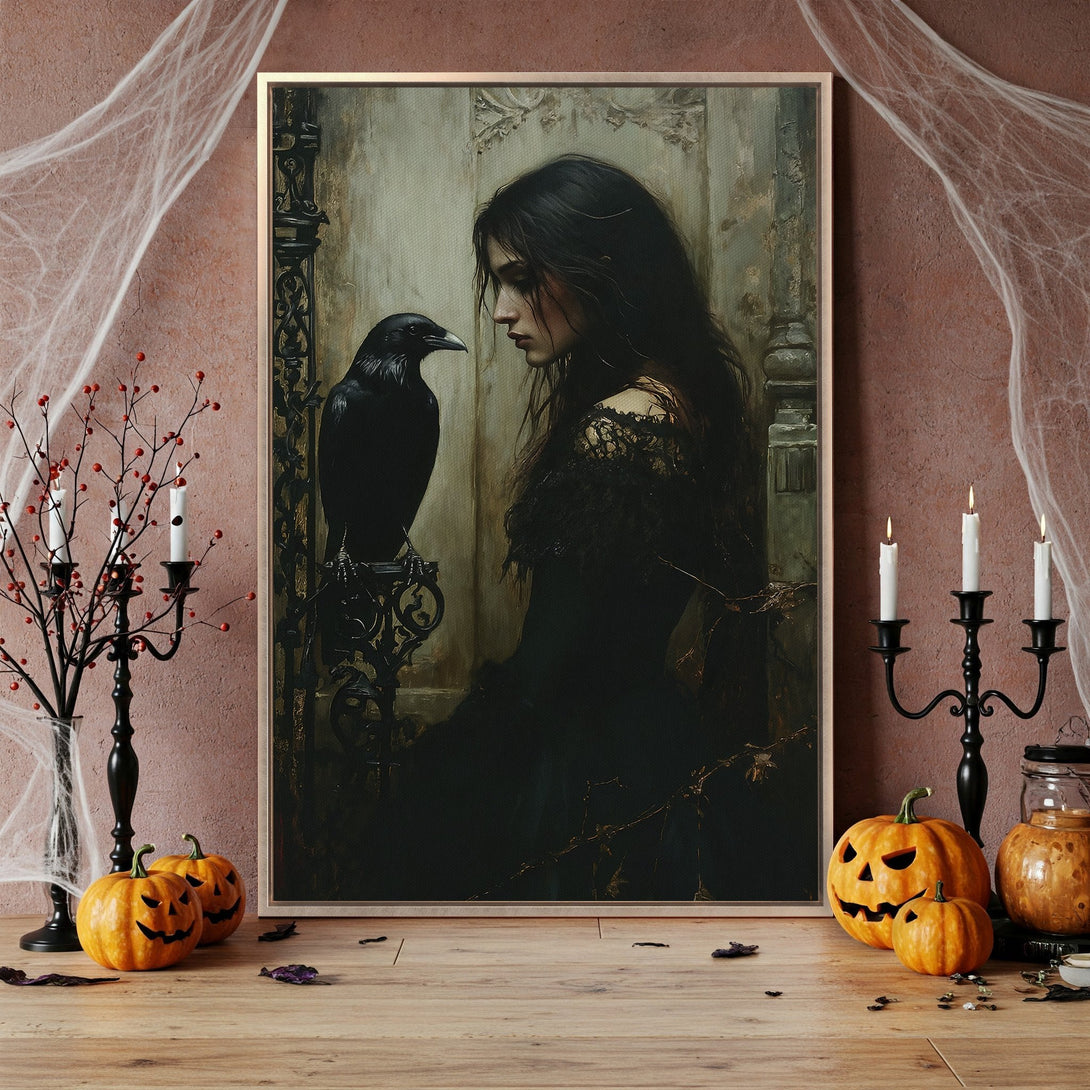 Framed Wall Art featuring a gothic woman and raven. Dark, moody, and artistic canvas print with a vintage aesthetic, perfect for Halloween decor.