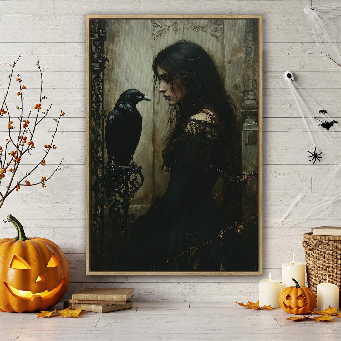 Framed Wall Art featuring a gothic woman and raven, dark color palette. Perfect Halloween decor! Add a touch of mystery to your home.