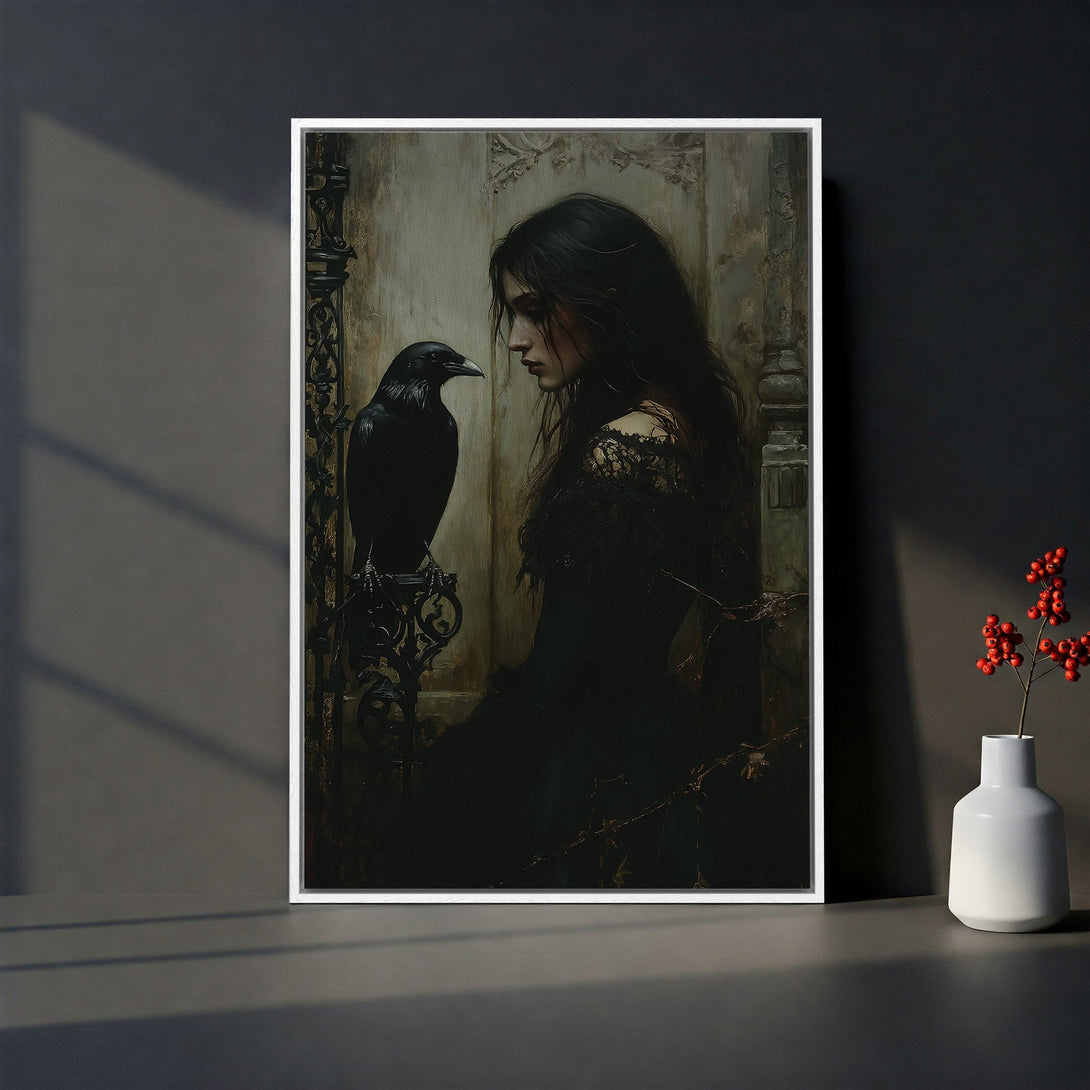 Framed Wall Art: Gothic woman with raven. Dark, moody color palette. Perfect for adding a touch of mystery to your home decor. Shop now!