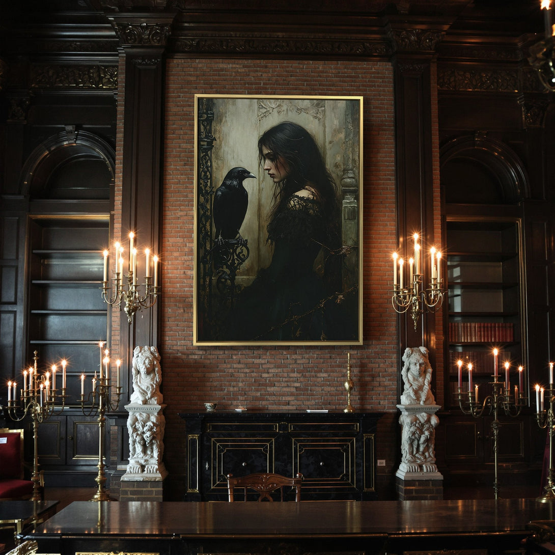 Canvas Print: Gothic woman with raven, dark & moody art in black, gray, and orange. Perfect Halloween decor or unique wall art.