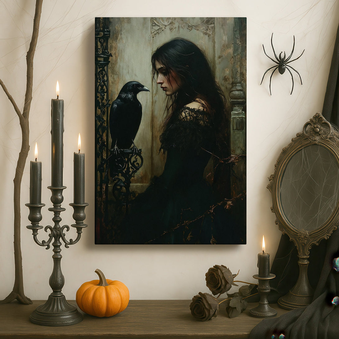 Framed Wall Art featuring a gothic woman and raven. Dark, moody color palette. Perfect for adding a touch of mystery to your space.