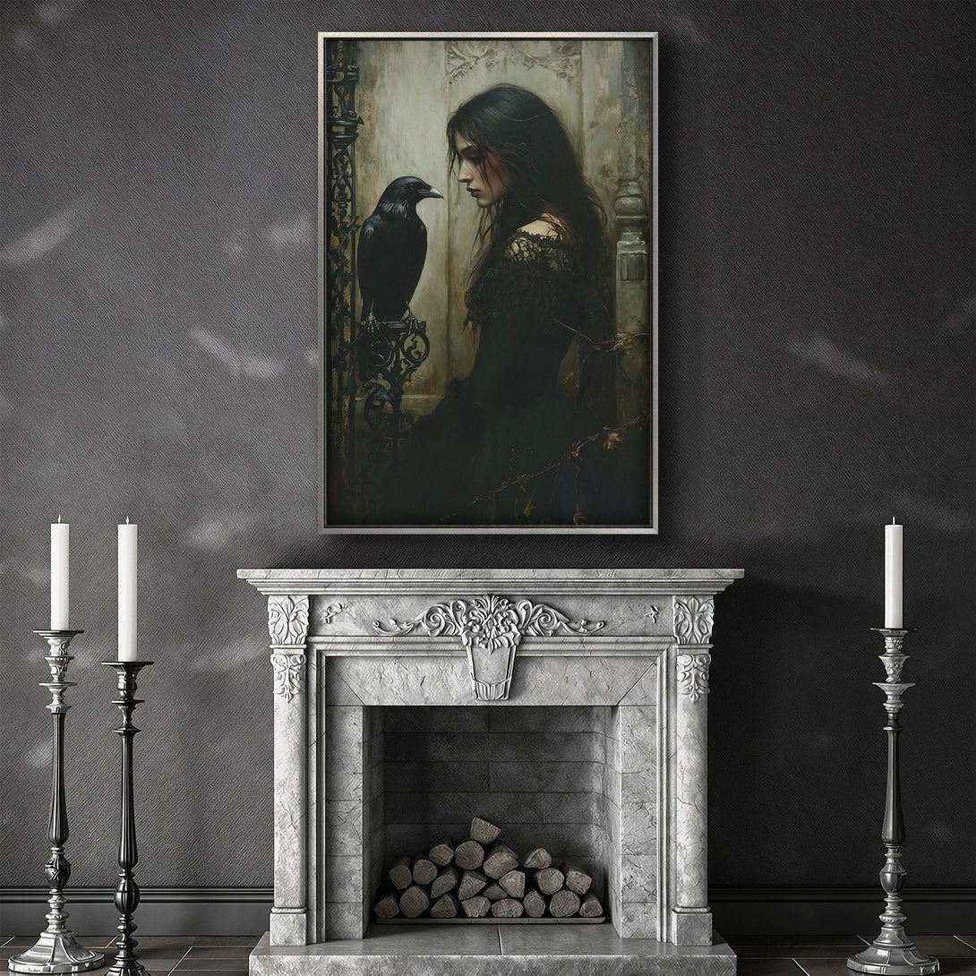 Framed Wall Art featuring a gothic woman and raven. Dark, moody color palette. Perfect for adding a touch of mystery to your space.
