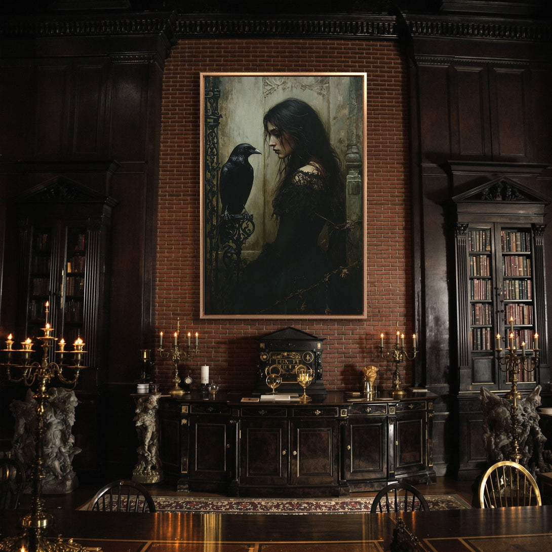 Framed Wall Art: Gothic portrait of woman and raven, dark and moody color palette. Perfect for adding a touch of mystery to your home decor.