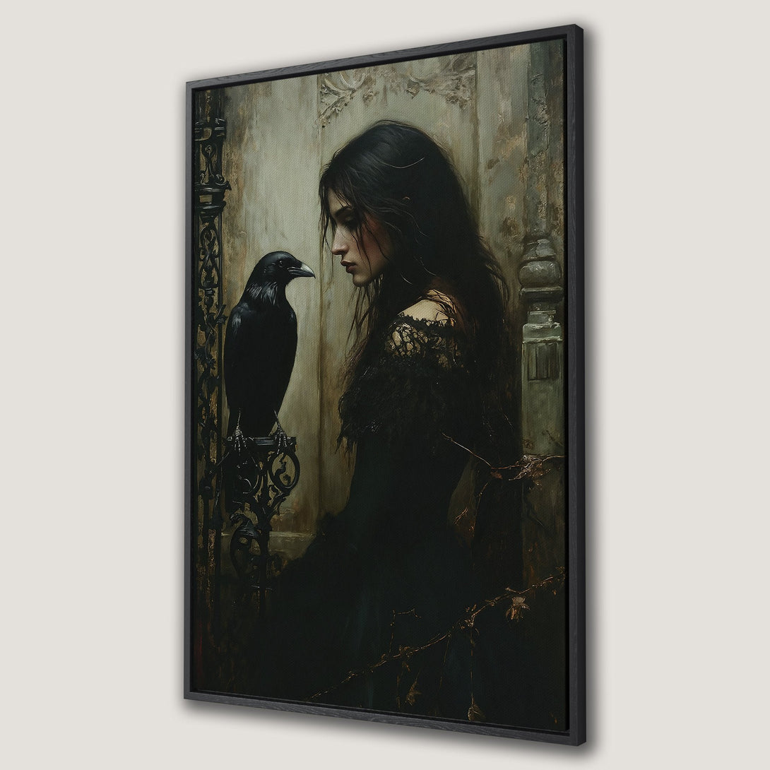 Framed Wall Art: Gothic woman with raven. Dark, moody artwork in a muted, earthy color palette. Perfect for adding a touch of mystery to your home.
