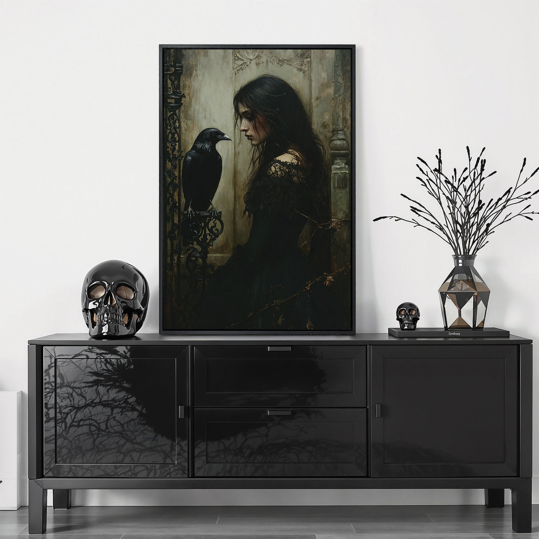 Framed Wall Art: Gothic portrait of a woman and raven in a dark, moody style. Perfect for adding a touch of mystery to your home decor. Black and neutral tones.