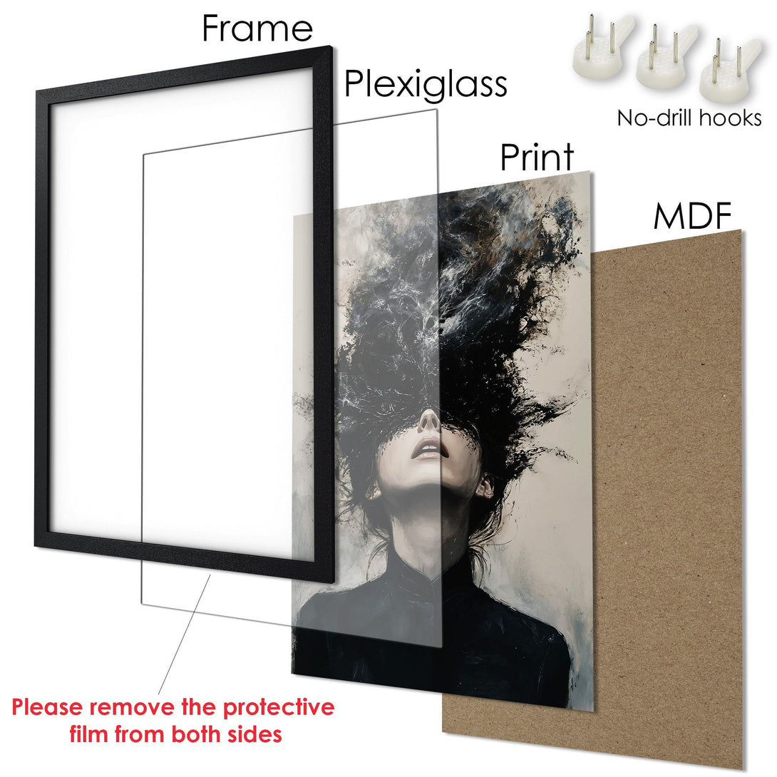 Framed Poster featuring a woman in a dark, abstract style. Neutral color palette with black frame. Perfect wall art decor.