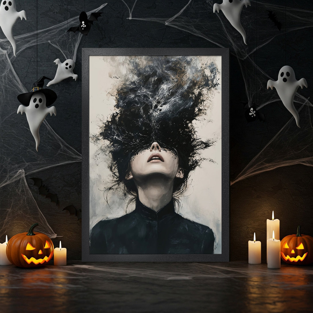 Framed Poster: Abstract art portrait with dark, moody aesthetic, Halloween theme, black and white color palette.