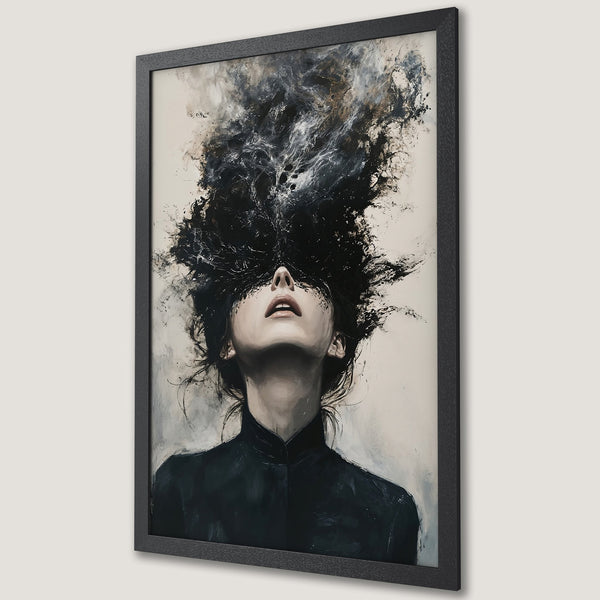Framed Poster: Abstract art of a woman with black and white color palette. Expressive, emotive style. Perfect for modern decor.