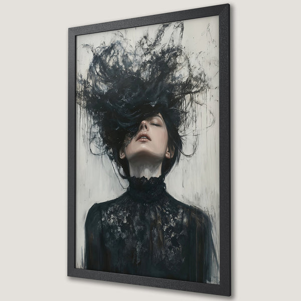 Framed Poster featuring a woman with dramatic hair, abstract style, black and white color palette. Perfect wall art for your home.