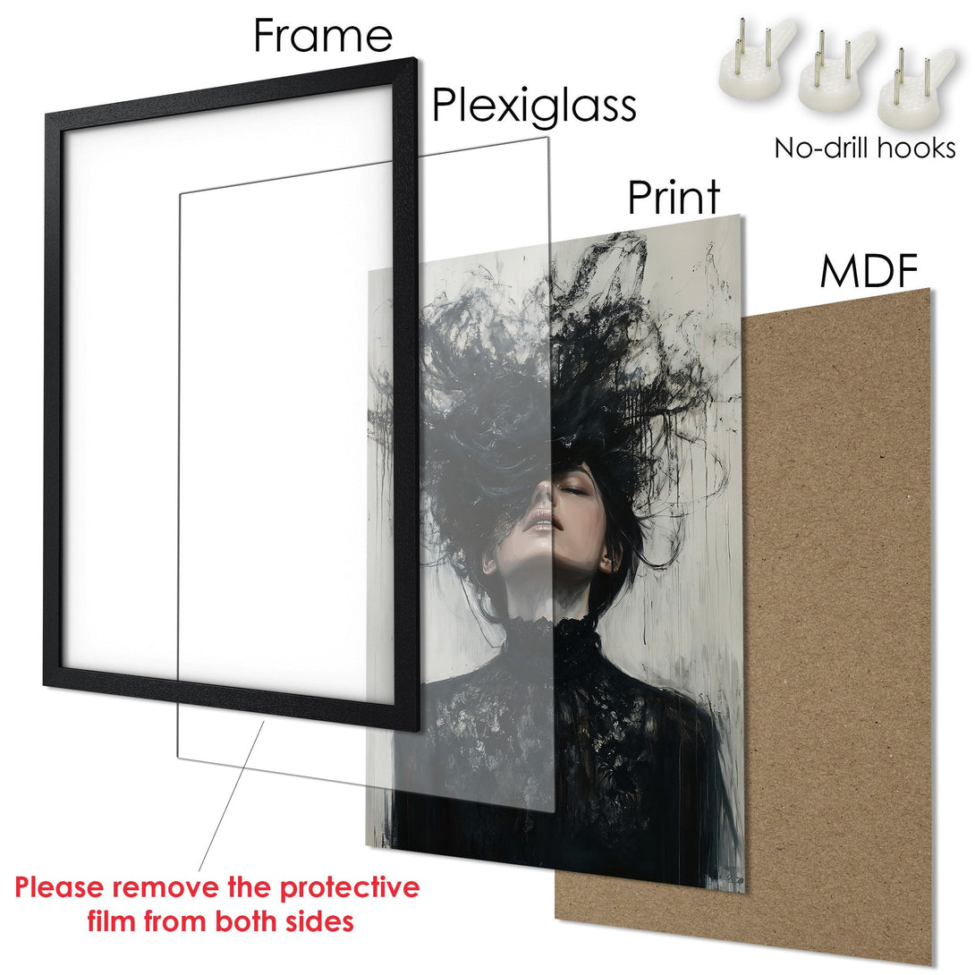 Framed Poster featuring an abstract portrait in black and white tones. Modern art for your home decor.