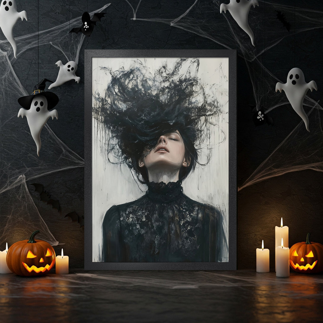 Framed Poster featuring a woman in black, abstract style, with a dark and moody color palette, perfect for Halloween decor.