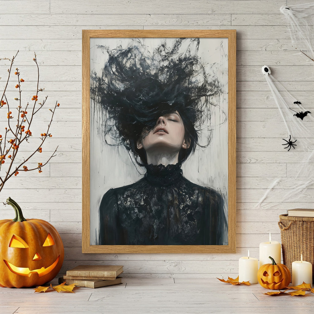 Framed Poster featuring a woman with dark hair, abstract style, and a monochrome color palette. Perfect for Halloween decor!