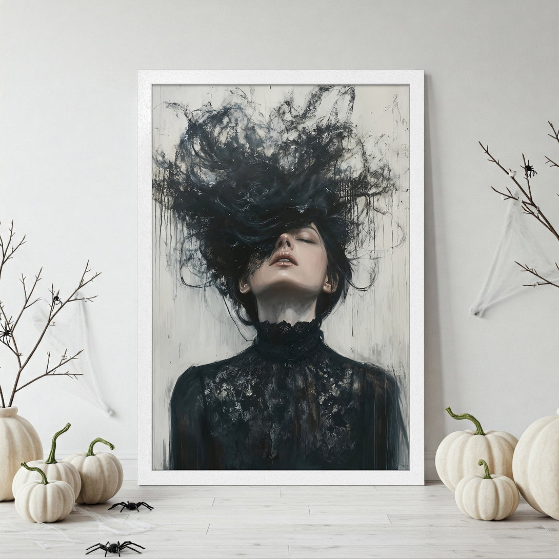 Framed Poster featuring a woman with abstract black hair, dark clothing, and a neutral color palette. Perfect for modern art lovers!