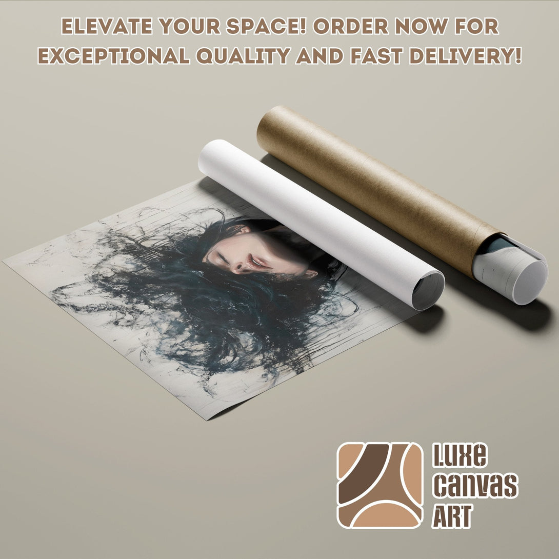 Poster Roll featuring a woman's portrait, abstract style, neutral and dark color palette. Order now!