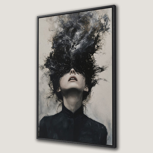 Framed Wall Art: Abstract portrait of a woman with black and gray brushstrokes. Modern art canvas print for a stylish home. Neutral color palette.
