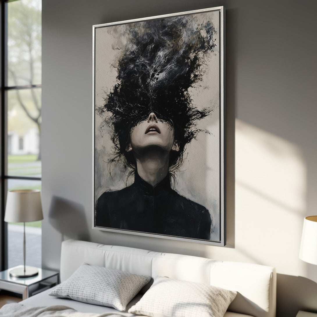 Framed Wall Art: Abstract portrait in black and white, showcasing a woman with expressive brushstrokes. Modern art for bedroom decor.