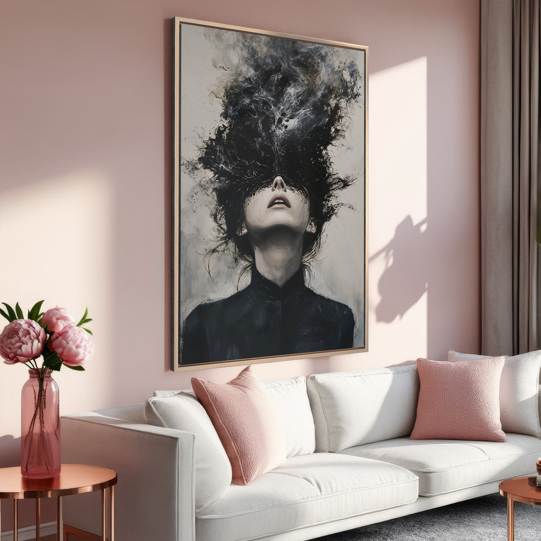 Framed Wall Art: Abstract portrait in black and white, displayed in a modern living room. Soft pink and neutral tones create a calming, stylish interior.