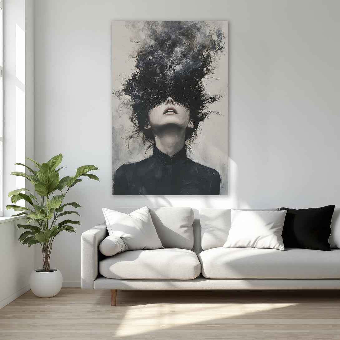 Framed Wall Art: Abstract portrait in black and white, displayed in a luxurious bedroom. Modern art with a neutral color palette to elevate your space.