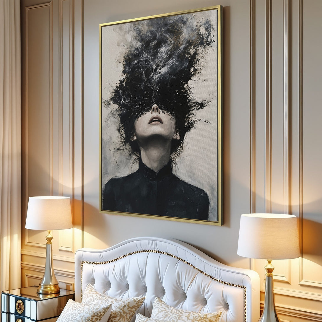 Canvas Print of a woman with abstract black hair, modern art style, neutral color palette. Perfect for living room decor!