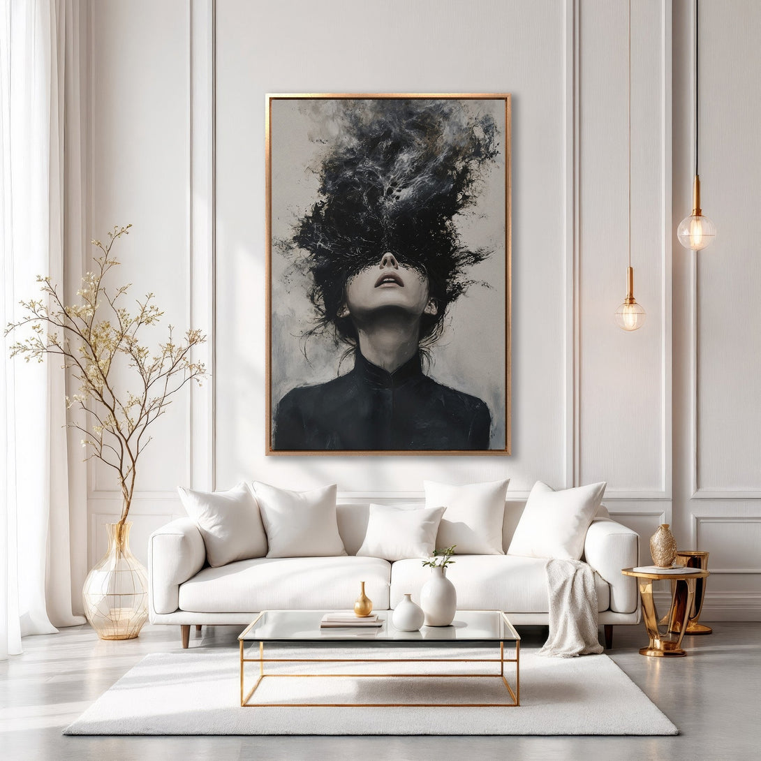 Framed Wall Art: Abstract portrait in black and white, displayed in a modern living room with a neutral color palette. Elevate your space with art!