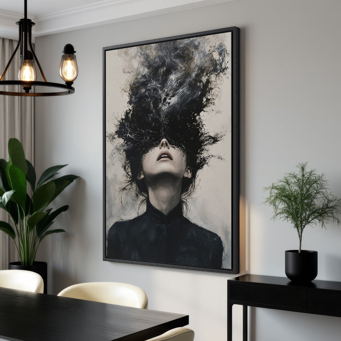 Framed Wall Art: Abstract portrait Canvas Print in black and white, adding modern elegance to interior decor. Perfect for living rooms and bedrooms.