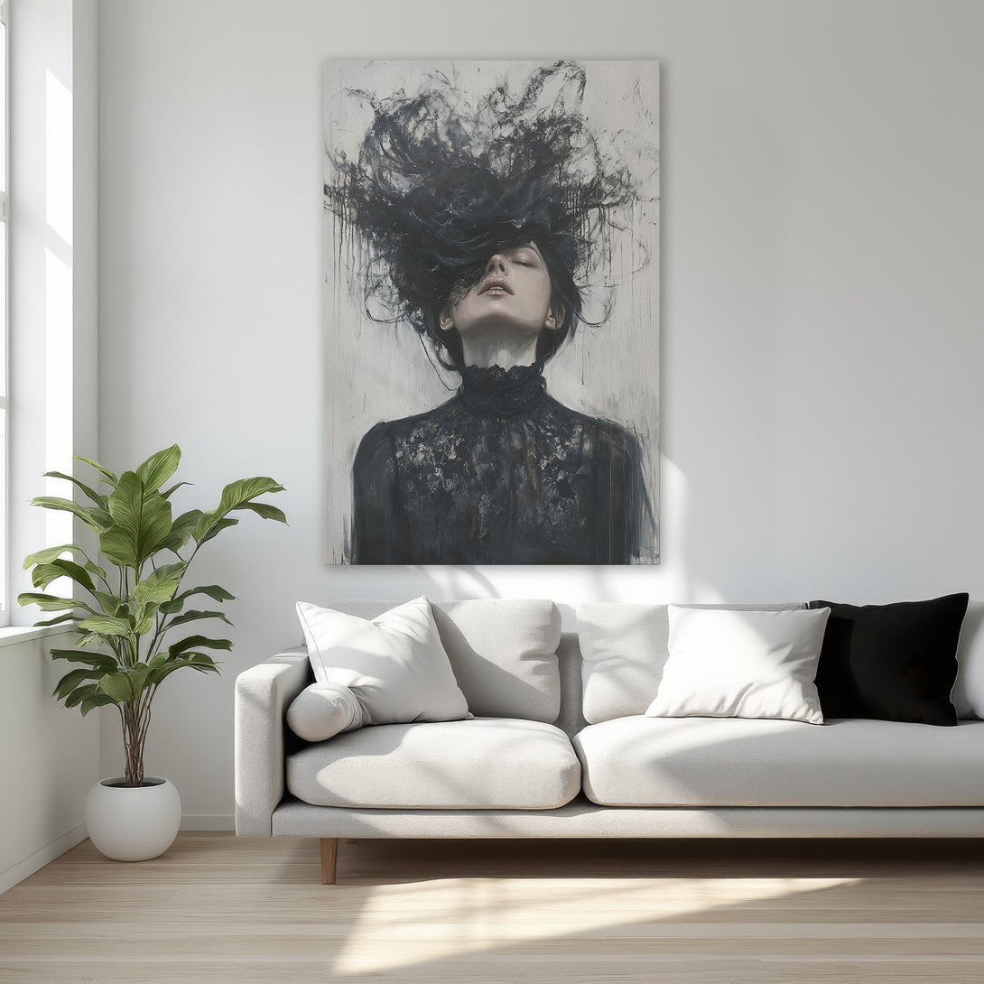 Framed Wall Art: Abstract portrait in black & white. Dramatic artwork of a woman with flowing hair, gold frame, perfect for modern bedroom decor.