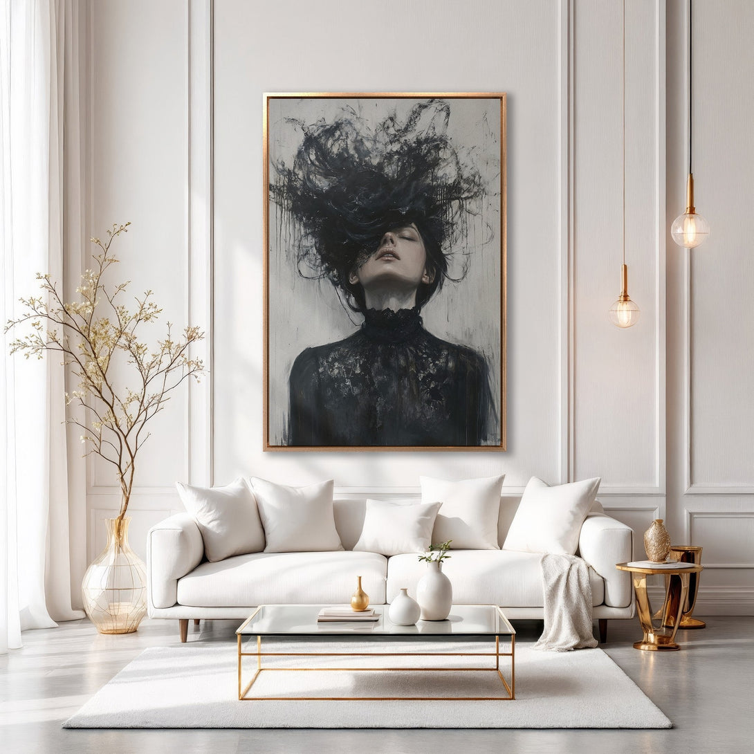 Framed Wall Art: Abstract portrait in black and white, displayed in a modern living room. Elevate your space with this stunning canvas print.