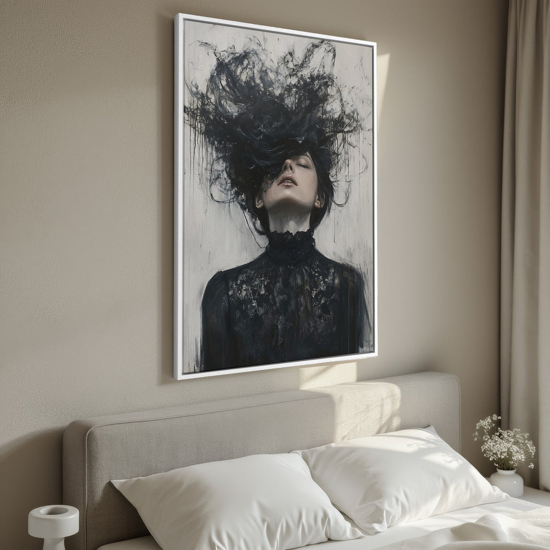 Framed Wall Art featuring a woman with expressive hair in a black and white abstract style. Perfect for modern home decor.