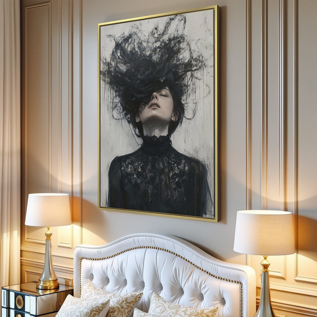 Canvas Print of a woman with abstract hair, modern art in a grayscale palette. Perfect for minimalist decor.