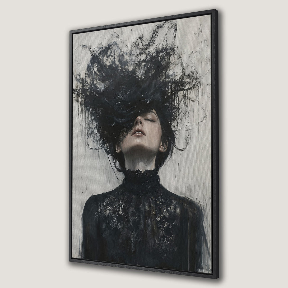 Framed Wall Art: Dramatic portrait Canvas Print of a woman with expressive black hair. Modern, moody art in a monochrome black and white palette.