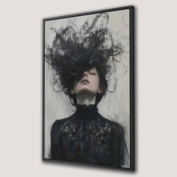 Framed Wall Art: Dramatic portrait Canvas Print of a woman with expressive black hair. Modern, moody art in a monochrome black and white palette.