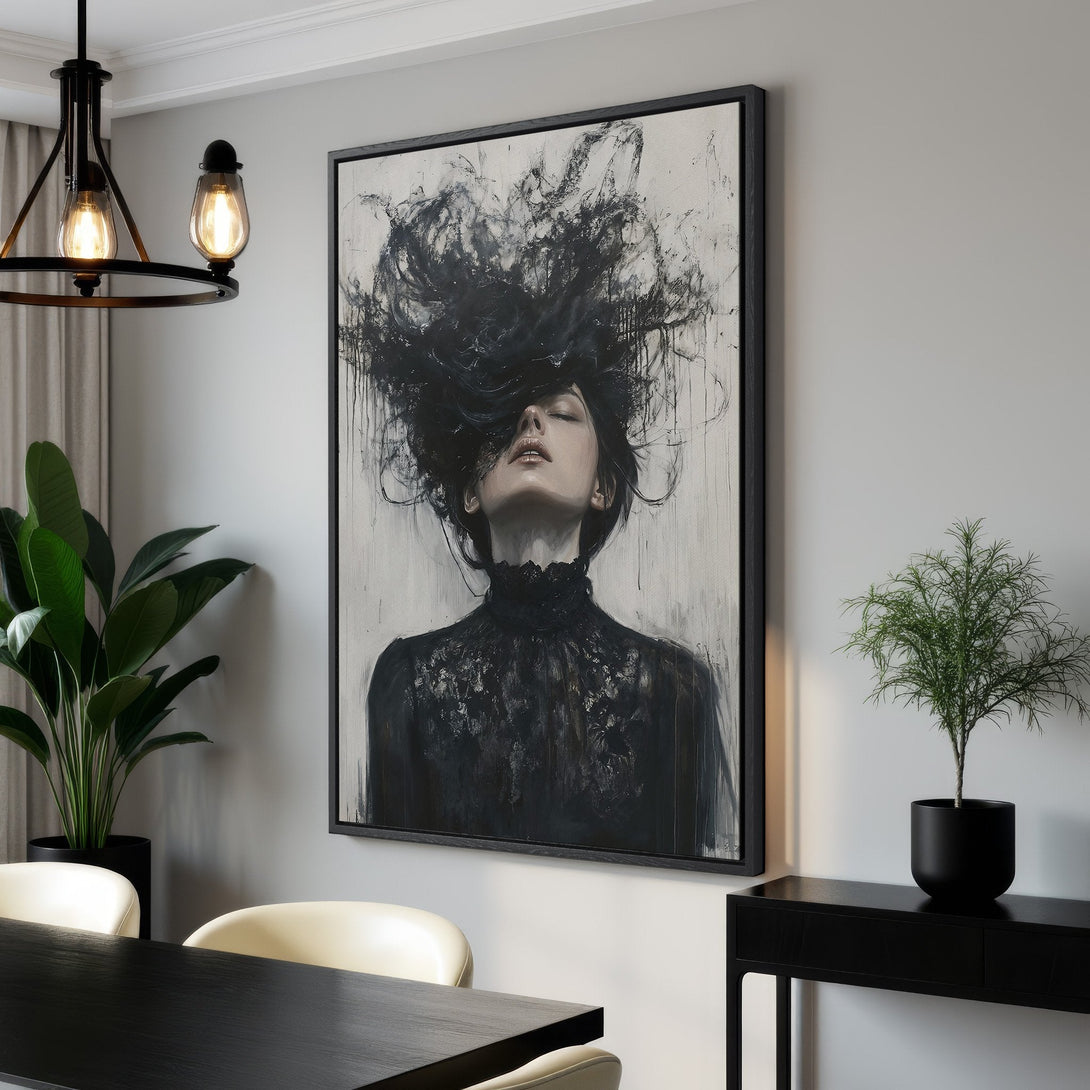 Framed Wall Art featuring a woman in an abstract, black and white painting. Modern art canvas print adds a touch of elegance to any interior.
