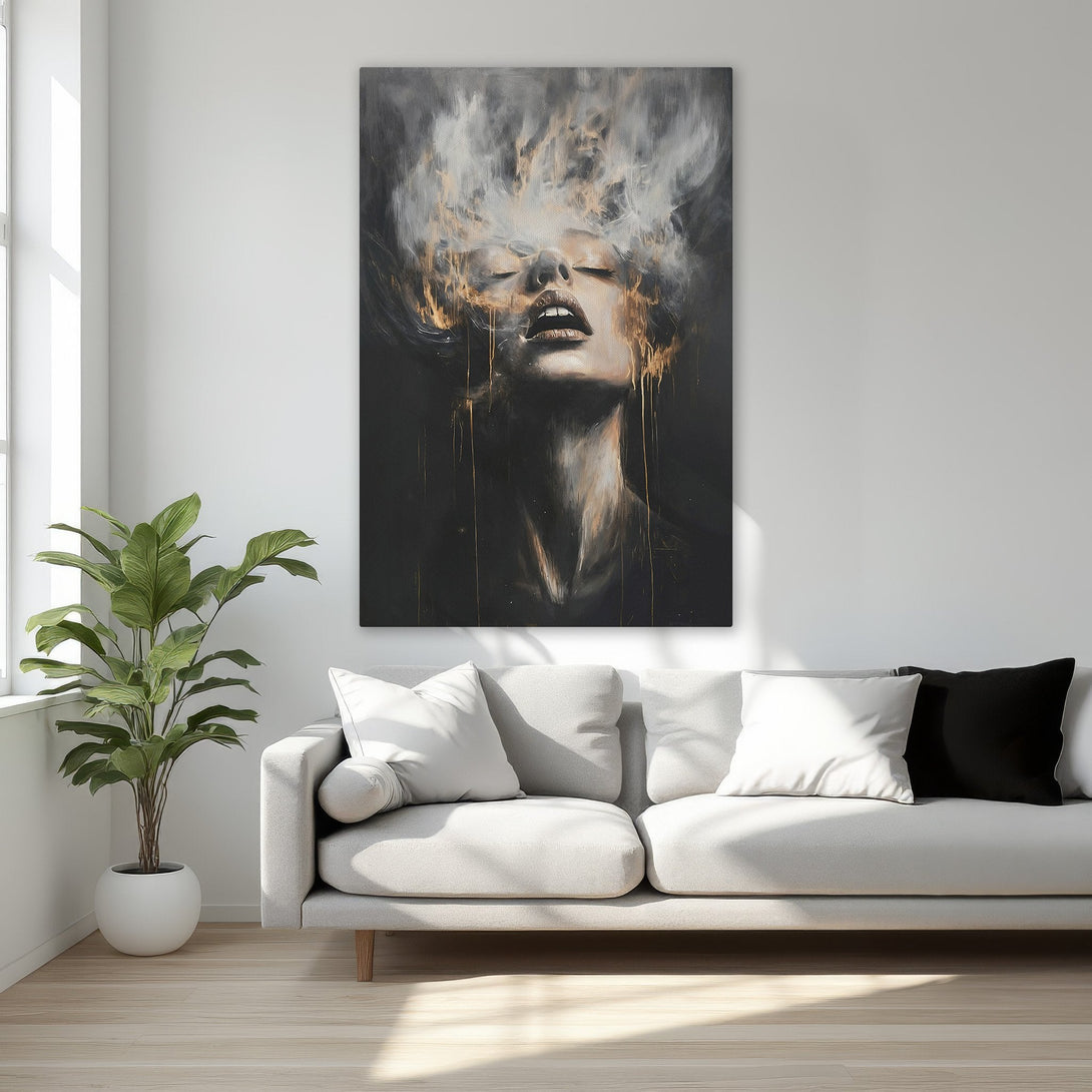 Framed Wall Art: Abstract portrait Canvas Print with black, gold, and white tones. Modern art for bedroom decor. Elevate your space with this stunning piece.