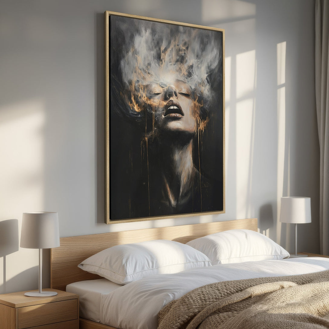 Framed Wall Art: Abstract portrait in black, gold, and white. Modern canvas print adds a touch of elegance to any bedroom decor.